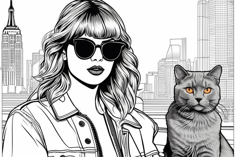 Colouring page for adults, image of taylor swift relaxing with her cats,  white background, clean line art, fine line art, hd on Craiyon