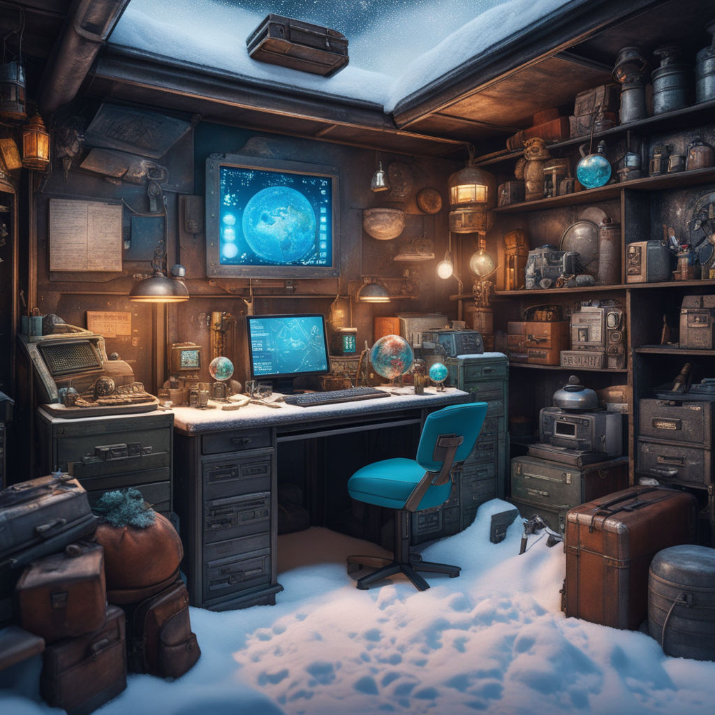 create an image of an old snow covered rustic tackle shop near the ocean -  Playground