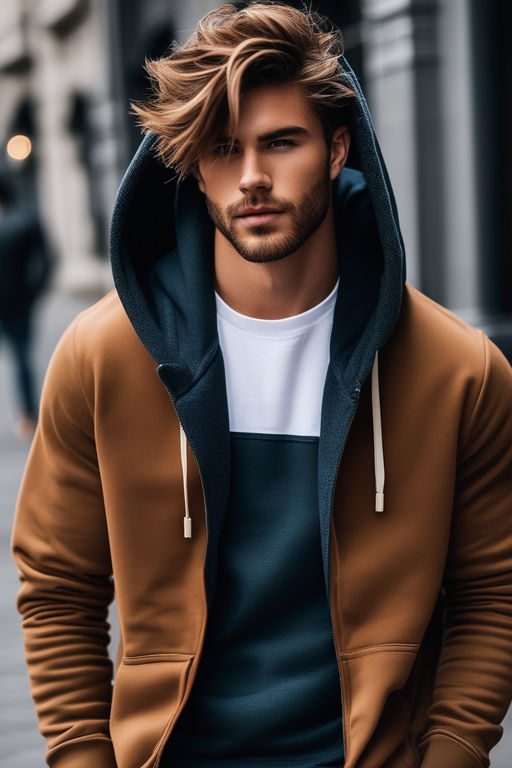 handsome man wearing a wearable crop top hoodie jacket