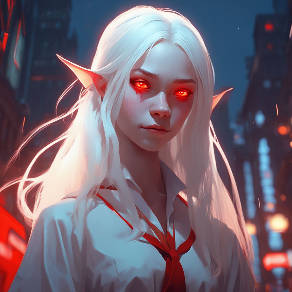 sexy anime vampire girl with white hair and red eyes