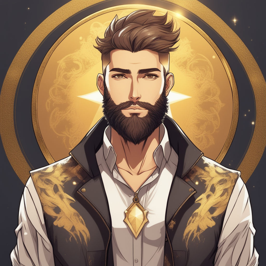 Lexica - Anime guy, 19 years old, wearing green coat, little bit messy  lighter brown hair, long hair, brown full beard, have a beard, full beard,  lon...