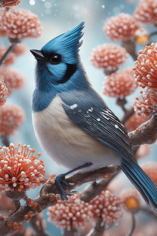 3D cute baby blue jay eating popcorn in a movie theater