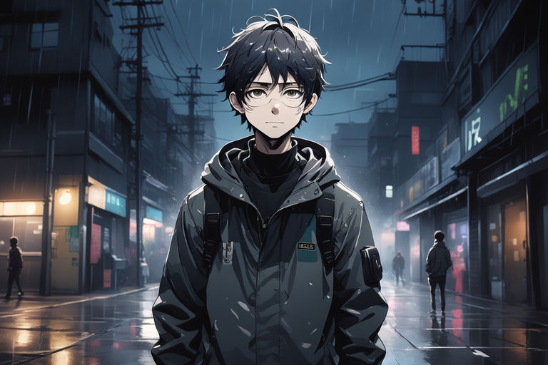 Dark anime guy in a rainy cityscape wearing a black hoodie