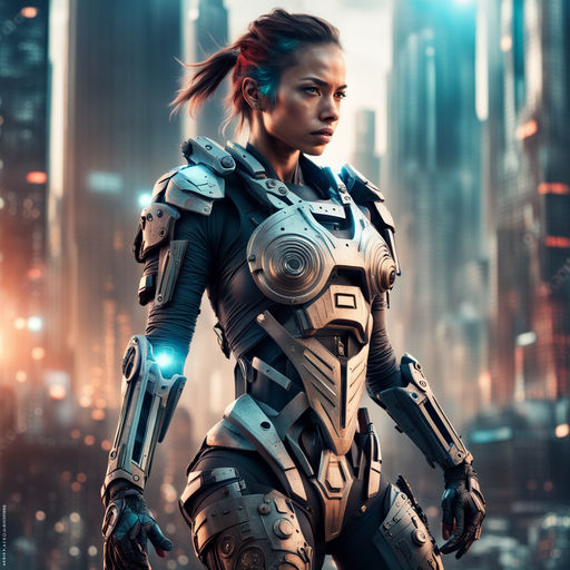 Science fiction cyborg female standing against an old concrete wall and  holding futuristic japanese samurai sword