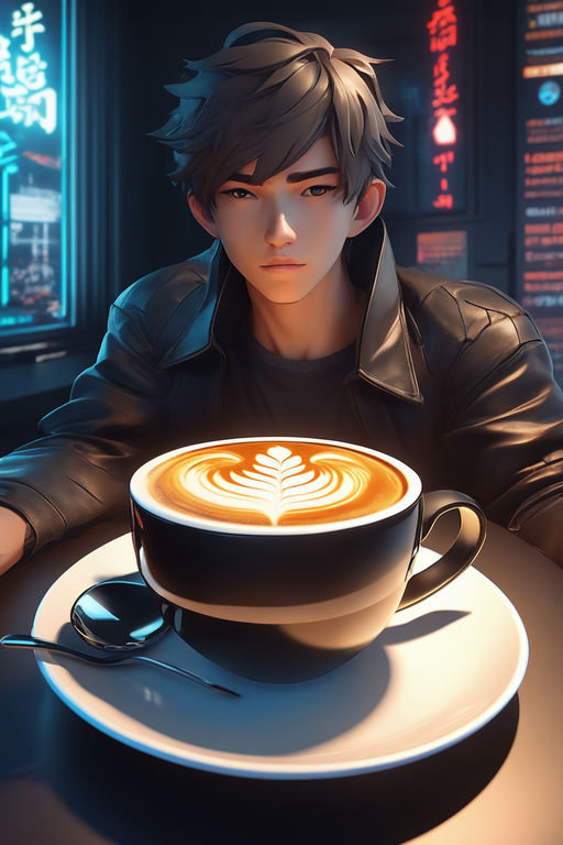 Anime girl having coffee