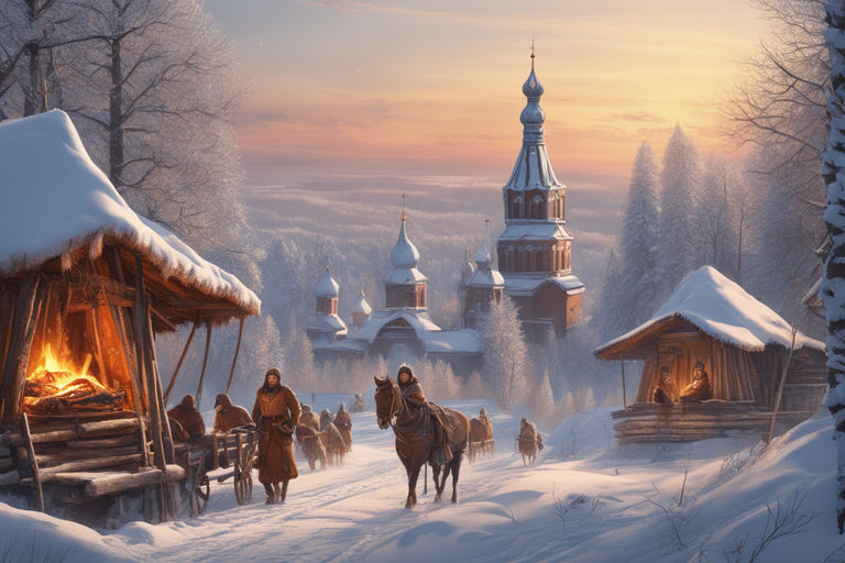 old abandoned russian medieval cottage village in a snowy winter mountain  scene environment