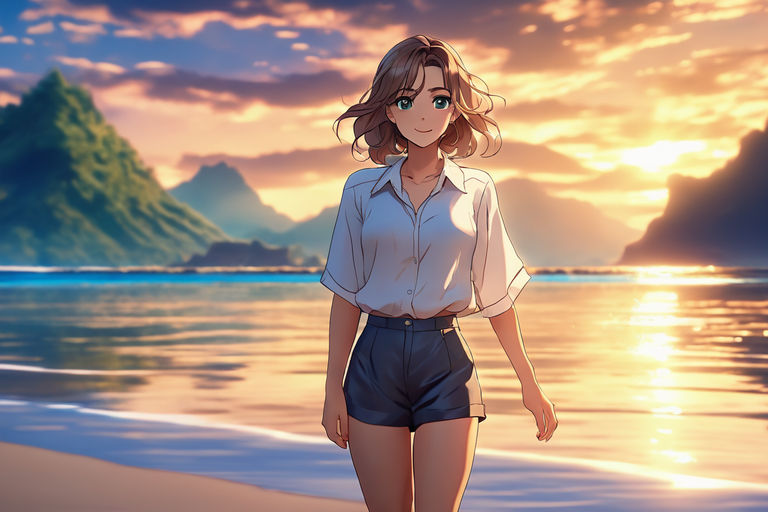 Cute Anime Girl Standing in Front of Ocean and Big Cloud Digital