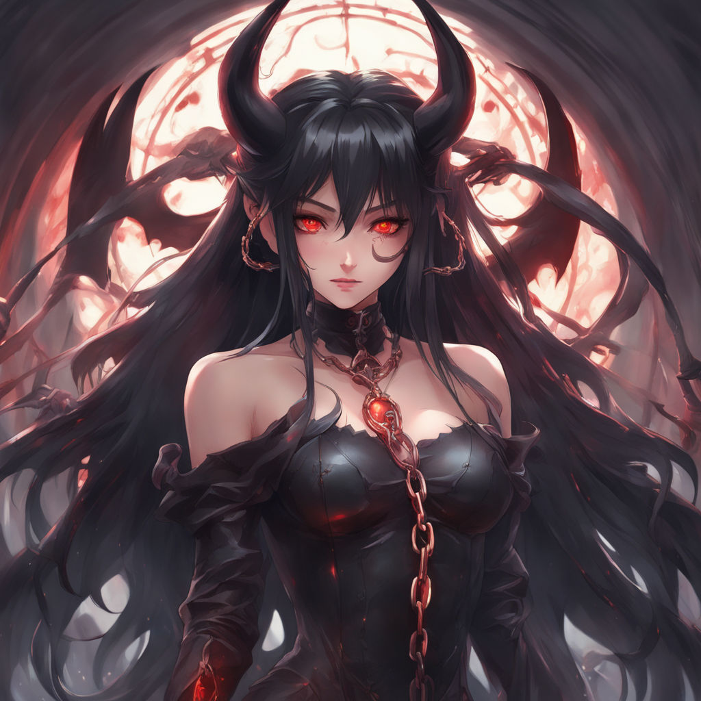 demon anime girl with black hair and red eyes and wings