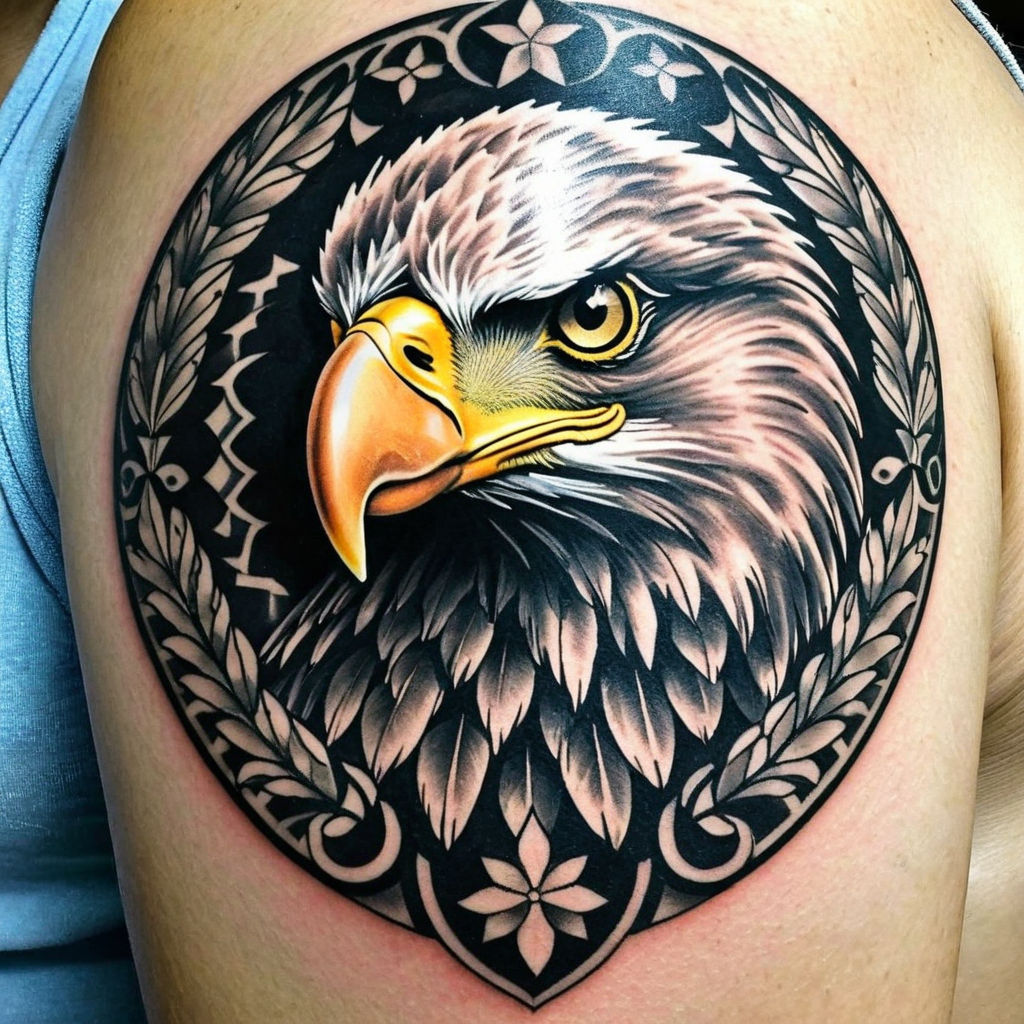 Eagle tattoo on the left shoulder.