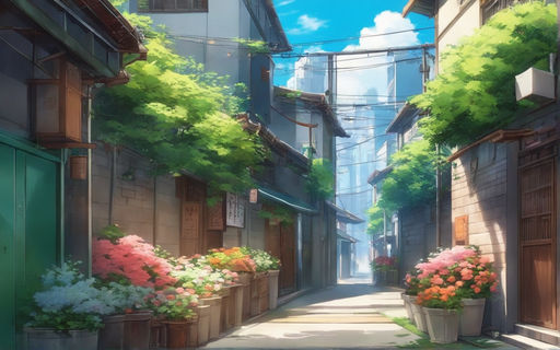 Premium Photo | Medieval alleyway wisteria cozy summer anime background  animation