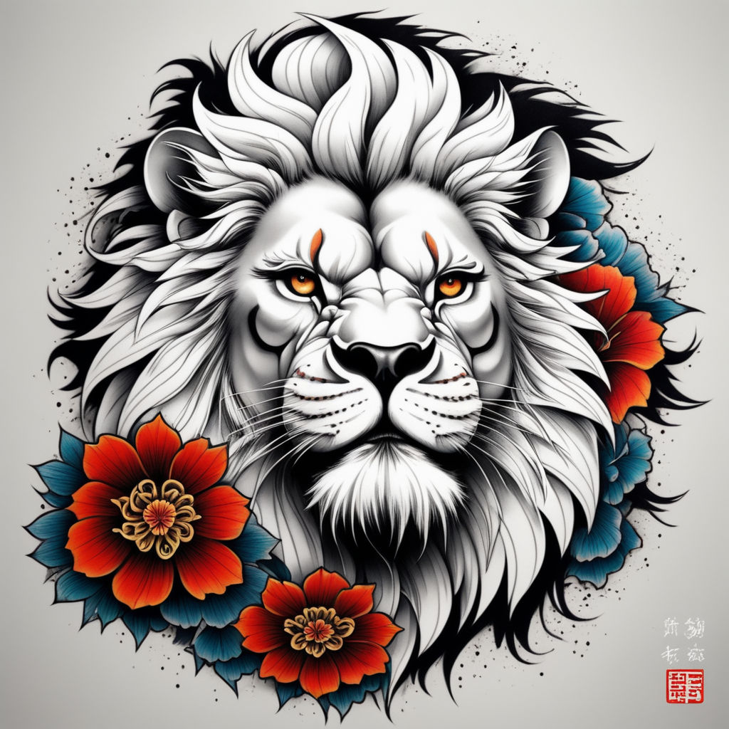 Black & Grey Japanese Lion Tattoo Design