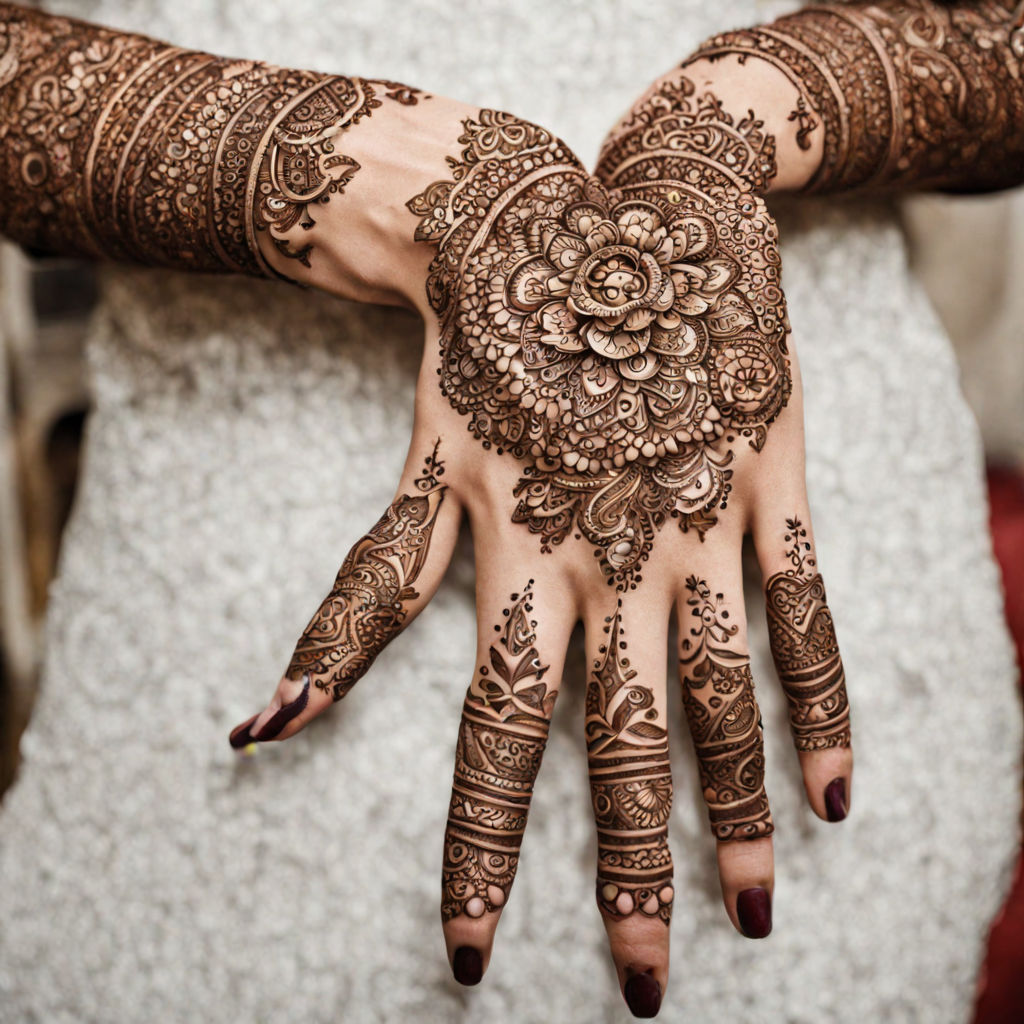 Photo of An intricate back hand mehndi design.