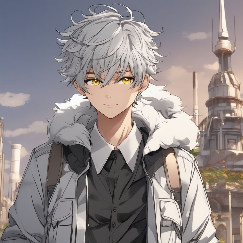 AI Art Generator: Anime boy ponytail gray hair gray eyes black suit twink  femboy