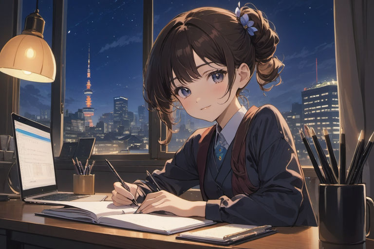 anime girl writing in the class