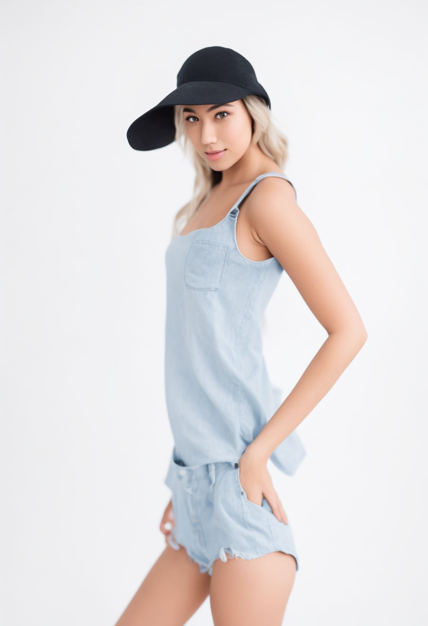 Woman in white tank top and blue denim shorts wearing black cap