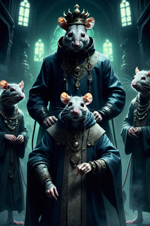 elegant-pony473: large swarm of rats being controlled by an ominous hooded rat  king with jeweled crown and health inspector badge