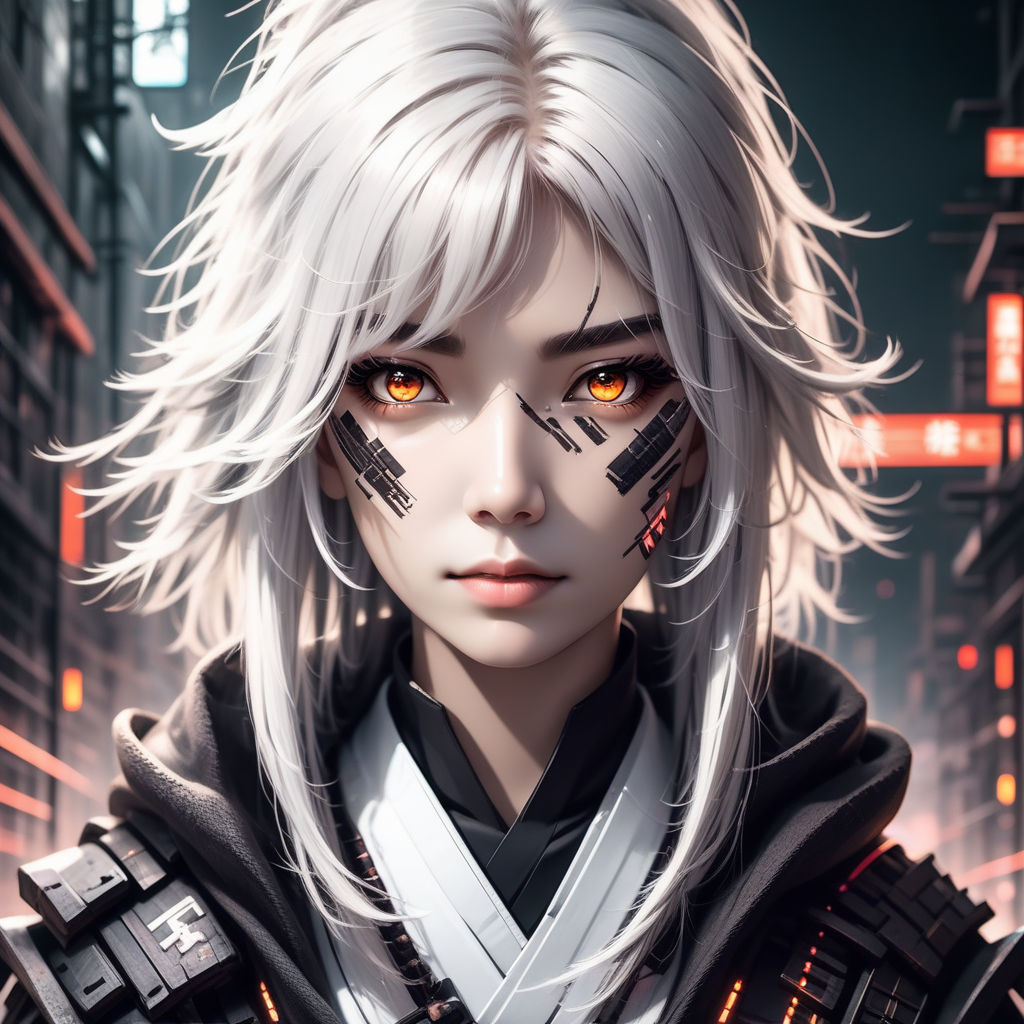 beautiful anime style girl with white hair and brown eyes, face