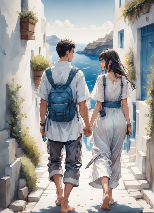 anime couple holding hands and walking