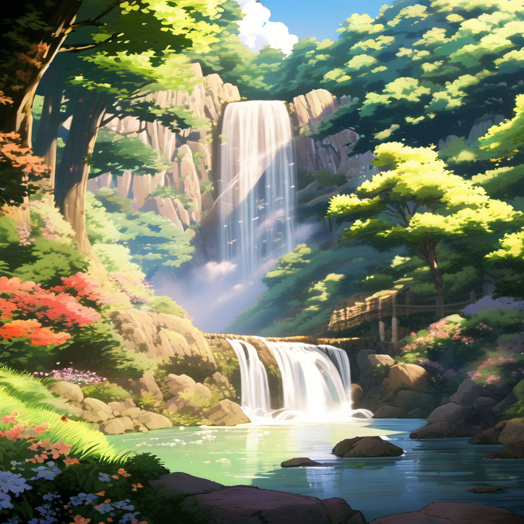 anime painting of an unexplored rainforest with a lot of waterfalls Stock  Illustration | Adobe Stock