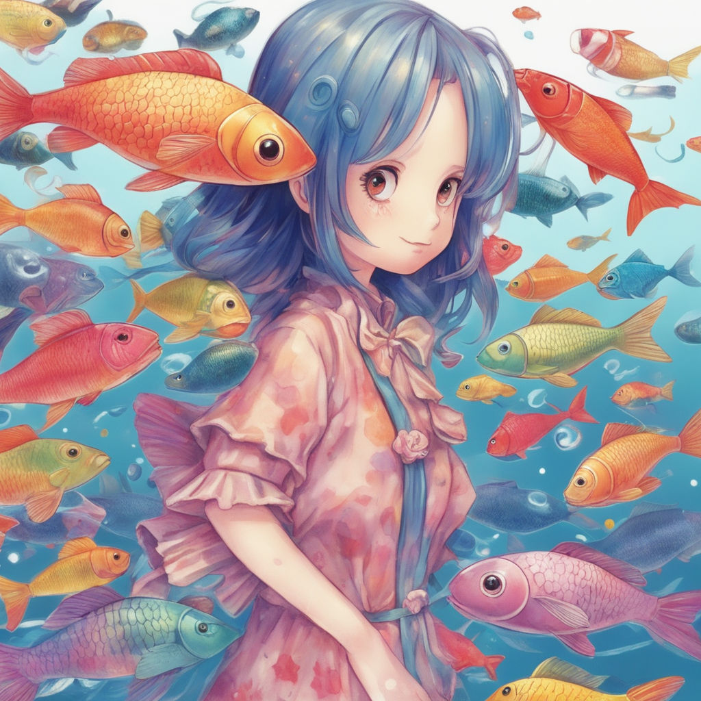 Noyu, profile, blue hair, blue eyes, shoulder length hair, looking away,  portrait display, anime girls, hair ornament, water, fish, fishbowls,  jellyfish, clownfish, starfish, sea anemones, bubbles, coral, seaweed, dark  background, stars, simple