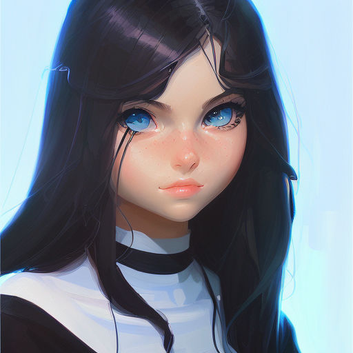 Cute anime girl with black hair and blue eyes on a railroad bridge  background at a summer day. Generated ai. 22310286 Stock Photo at Vecteezy