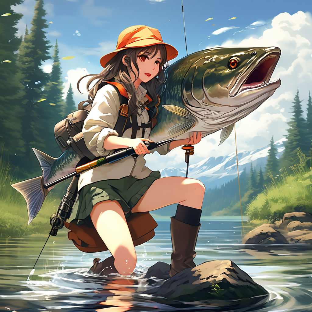 Fishing Girl, Fishing Rod, Fisherman, Blonde Hair - Fishing Girl - Sticker