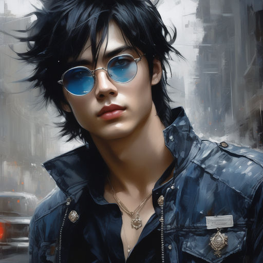 Anime boy character with black long fluffy wavy hair, wearing a blue hoodie  and glasses