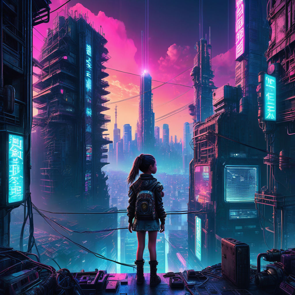 Beautiful Cyberpunk Cityscape, Glitchy Animation style