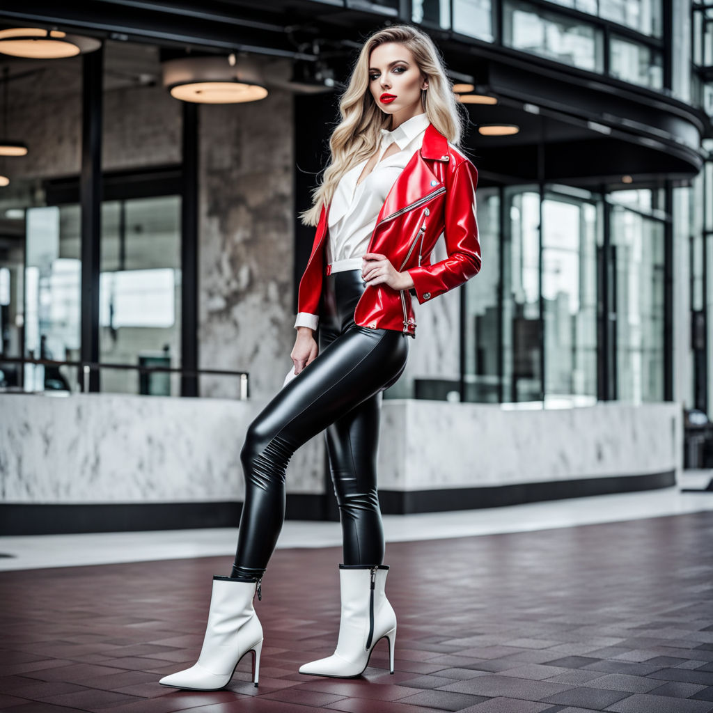 red leather boot black leather leggings Full body picture Face