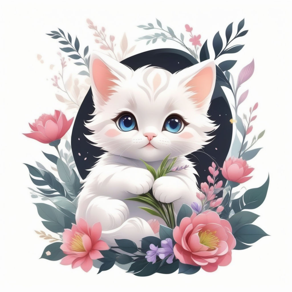 Cute cozy white kitten kawaii japanese animation style flat on black  background - Playground