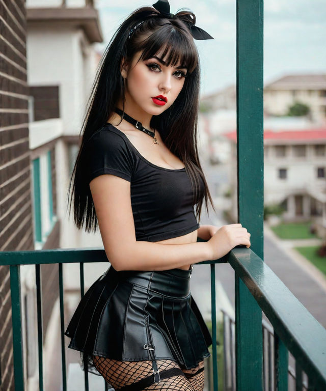 goth sexy girl pale skin black hair short leather skirt tighhighs