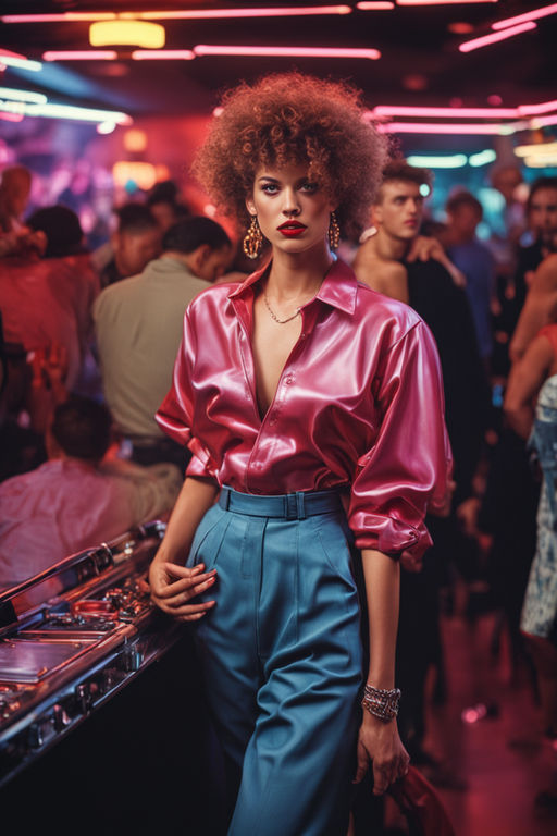 reflecting the spontaneous and free-spirited energy of the 1970s disco era.  Create a highly detailed image Fiorucci and Chanel Lingerie 1970s disco  fashion - Playground