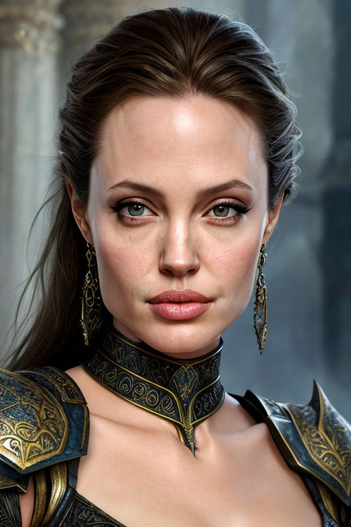 Prompt: fantasy, "1990s angelina jolie" face, intricate armor, hyper detailed painting, complex, head and shoulders portrait, 4k resolution 