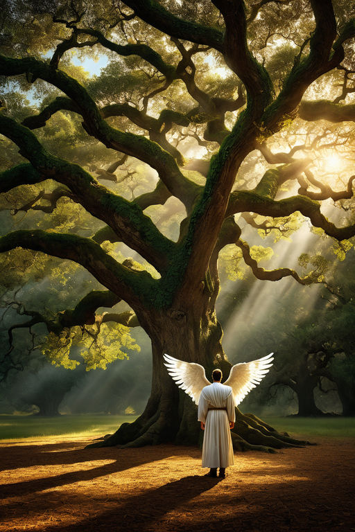 Prompt: Storybook illustration by Tom Chambers, man standing adjacent to an ancient oak, angel hovering above, wings unfurled, CG Society featured, magical realism genre, angelic entity captured in high dynamic range photography, Behance HD showcase, ethereal glow, rich forest backdrop, shadow and light interplay, volumetric atmosphere, high resolution, artistic storytelling.