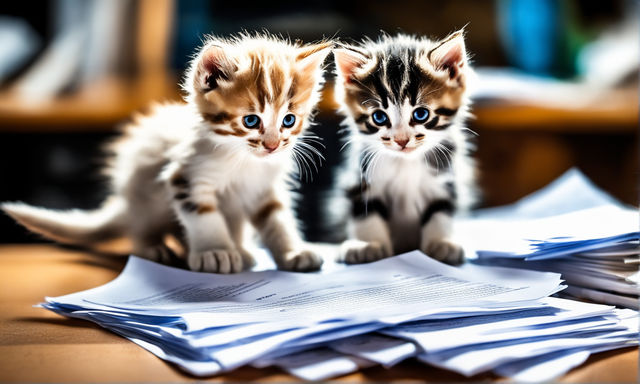 An AI generated image of two kittens looking at a pile of papers