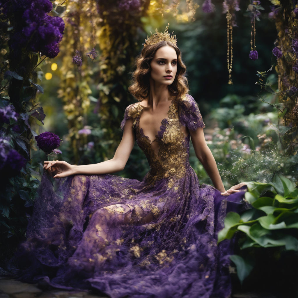 Fairy with large butterfly wings ang violet hair wearing gold dress in a  fantasy forest with white flowers - Playground