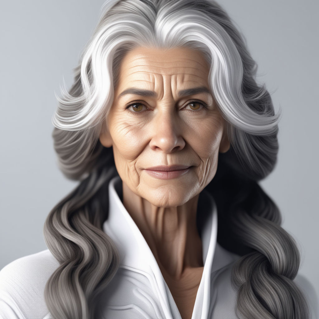 Image of head and shoulders of old lady with grey hair and