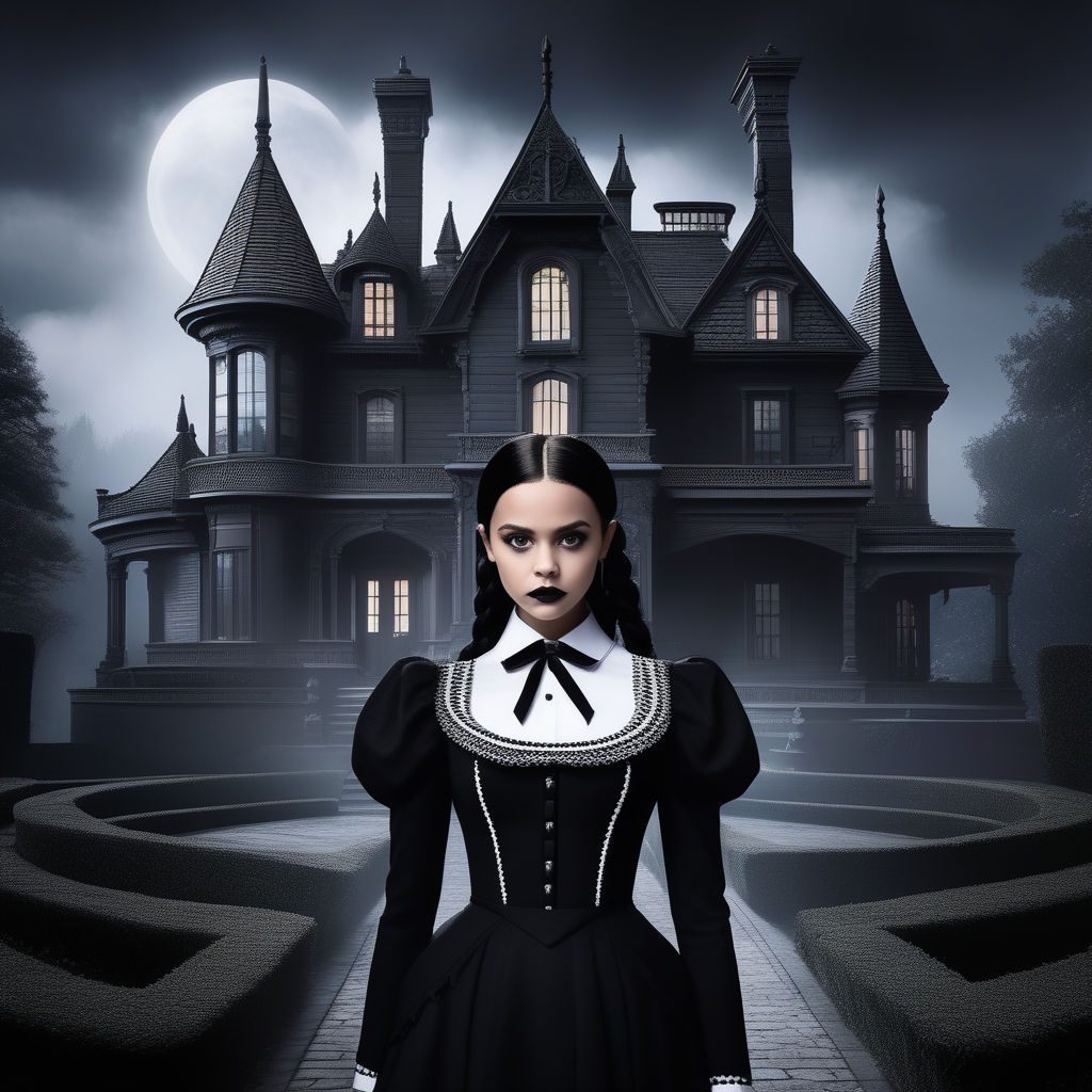 full body of a Wednesday Addams (Jenna Ortega) harvests poisonous