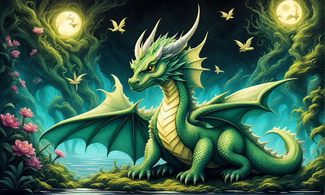 Green Dragon in the cave, the lord of dragons, has good platinum scales,  bright eyes, and is surrounded by dazzling gold and green lights.  generative ai Stock Illustration