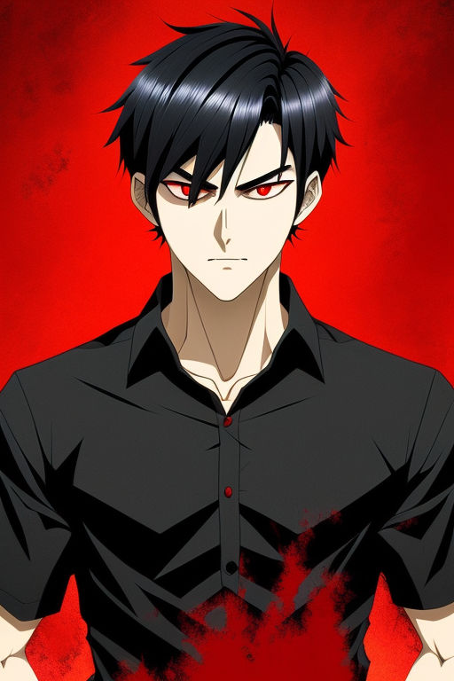 fond-ibex817: Black Haired anime boy with red eyes wearing a white dress  shirt with collar down and a black overcoat no tie