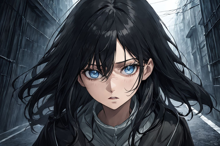 Deep dark blue haired wave anime woman with deep blue eyes - Playground