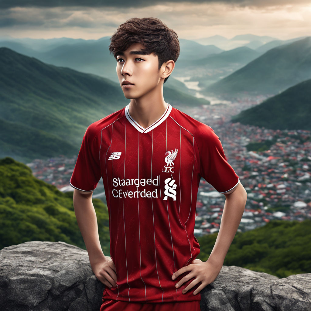 korean guy wear in red soccer jersey - Playground AI