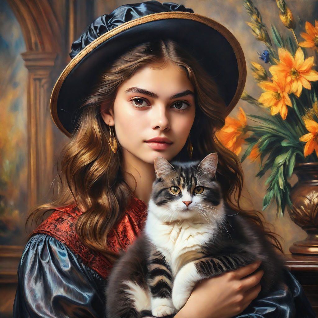 hyperdetailed painting of a beautiful woman with a cat in a hat