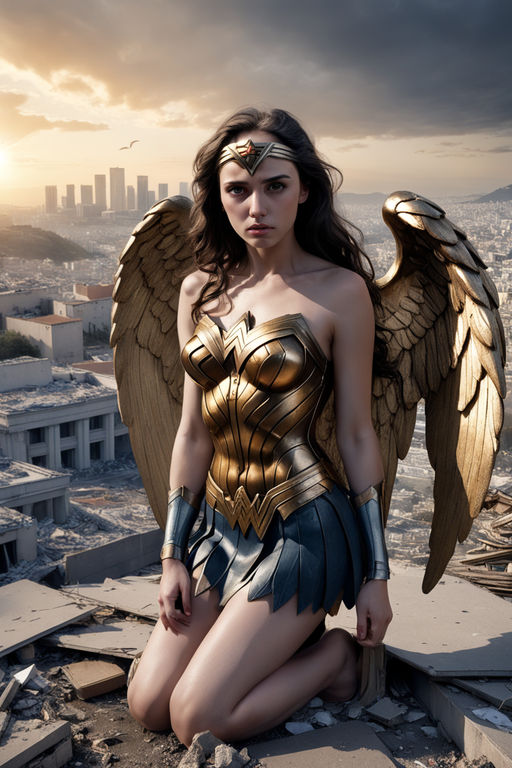 Prompt: Fallen Wonder Woman angel, 21 years old, desperate eyes, sad, crying, tears, hiding behind her giant wings, cute, golden wings, large wings, halo over the head, in the ground with destoyed city around, Athens destroyed in background, sunrise, masterpiece, low saturation, Albrecht Durer hands, (prompt created by Kico Toralles, adapted from Toni C. prompt)