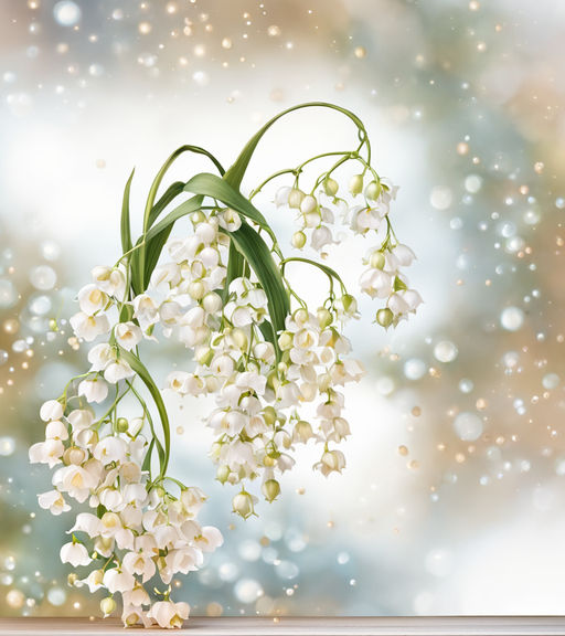 Prompt: Cluster of lilies of the valley bells, delicate and bell-shaped, dominating the composition in a William Morris inspired wallpaper, watercolor style blending with champagne bubbles and twinkling stars, trending on ArtStation, captured with sharp focus in a studio photo by Greg Rutkowski, boasting intricate details, highly detailed, sharp focus, studio photo, intricate details, highly detailed.