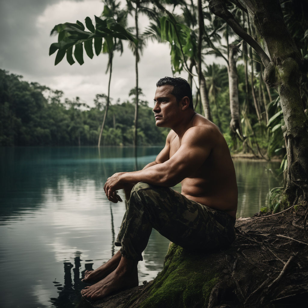 An amazonian warrior with a sword posing in the jungle