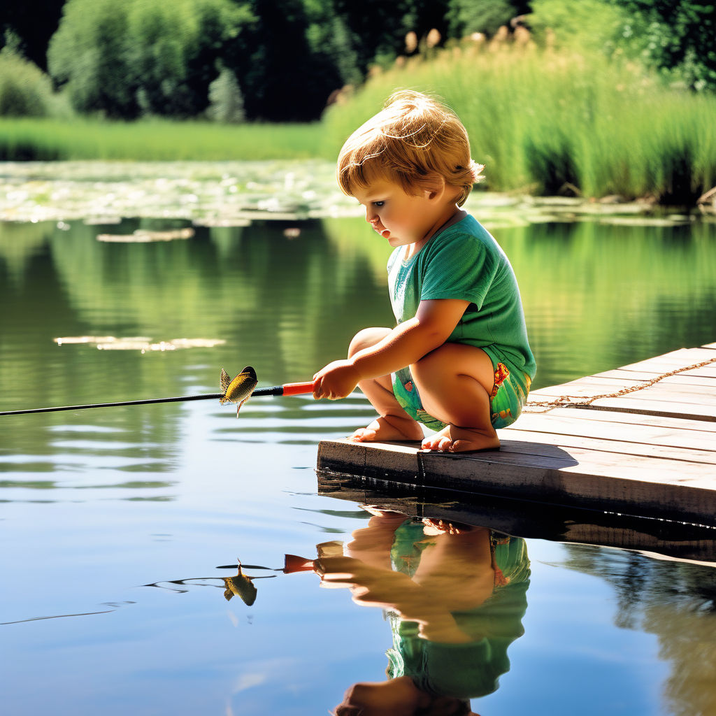 a boy is fishing in a stream sitting on a small wooden bridge with