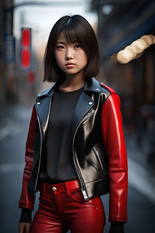 A japanese young teen girl with a beautiful face wearing a black leather  top with red pvc pants and knee boots - Playground