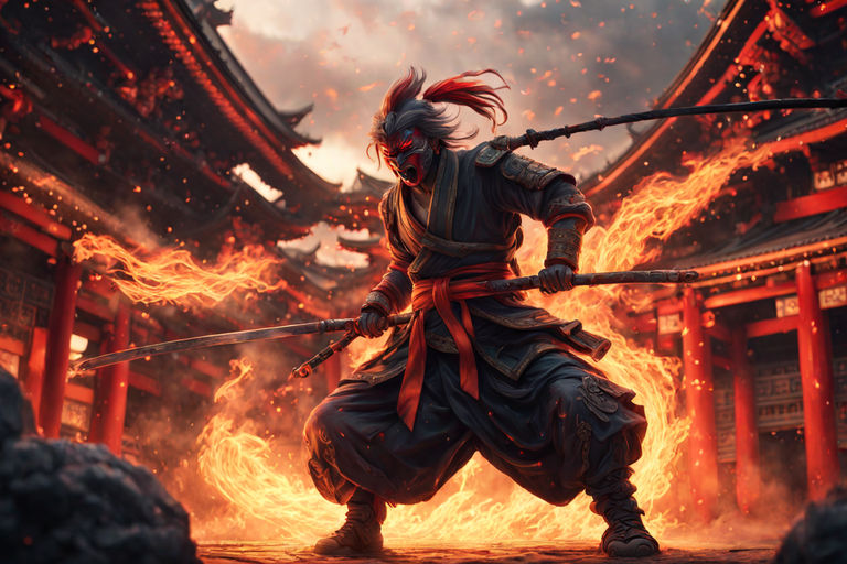 samurai fight with fire in the background