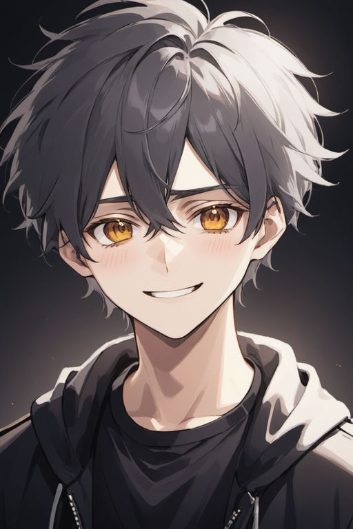 Smiling anime boy with dark hair and golden eyes